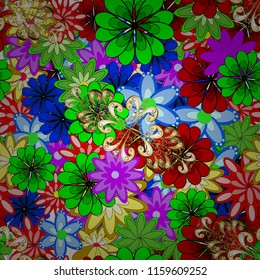 Perfect for printing on fabric or paper. Vector seamless pattern tile with mandalas. Hand drawn sketch on green, red and blue colors. Islam, Arabic, Indian, ottoman motifs. Vintage decorative elements