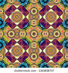 Perfect for printing on fabric or paper. Vintage vector decorative elements in violet, orange and red colors. Islam, Arabic, Indian, ottoman motifs. Seamless pattern tile with mandalas.