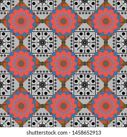 Perfect for printing on fabric or paper. Islam, Arabic, Indian, ottoman motifs. Vintage vector decorative elements in gray, pink and blue colors. Seamless pattern tile with mandalas.