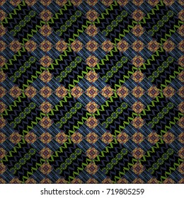 Perfect for printing on fabric or paper. Vintage vector decorative elements in green, black and blue tones. Seamless pattern tile. Islam, Arabic, Indian, ottoman motifs.