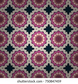 Perfect for printing on fabric or paper. Seamless pattern tile with mandalas. Islam, Arabic, Indian, ottoman motifs. Vintage vector decorative elements in blue, beige and pink colors.