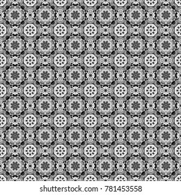 Perfect for printing on fabric or paper. Vintage vector decorative elements in black, white and gray tones. Seamless pattern tile. Islam, Arabic, Indian, ottoman motifs.