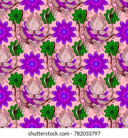 Perfect for printing on fabric paper. Hand drawn sketch on neutral, red, purple colors. Vector seamless pattern tile with mandalas. Vintage decorative elements. Islam, Arabic, Indian, ottoman motifs.