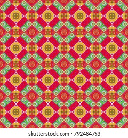 Perfect for printing on fabric or paper. Vintage vector decorative elements in pink, orange and violet tones. Seamless pattern tile. Islam, Arabic, Indian, ottoman motifs.