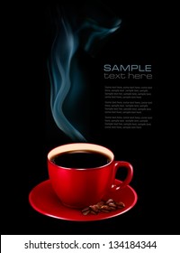 Perfect red cup of coffee with steam. Coffee design template. Vector illustration.