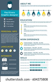 Perfect resume in flat style design on dark grey background. Modern CV set with Infographics elements. Clean vector.