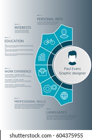 Perfect resume in flat style design on grey background. Modern CV set with Infographics elements. Clean vector.