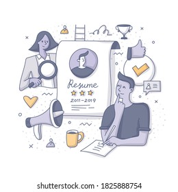 Perfect resume. A man writes a professional resume trying to impress a potential employer and get a good position. The concept of recruitment and career building. Doodle abstract illustration