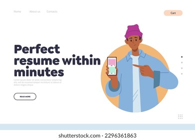Perfect resume in minute concept for landing page with happy hipster young man advertising new app
