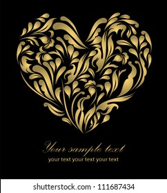 Perfect retro gold floral heart isolated on beautiful black background with your text, vector  eps 8, for sign, symbol, icon, web, emblem, label