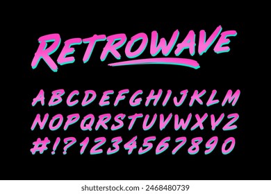 Perfect Retrowave 80er Jahre Stil Schriftart von rosa Vektorgrafik Alphabet mit Zahlen. Schriftart des Rocks. Neon Retro futuristische Vintage Schriftart. Set für Print-T-Shirt und Musik Poster und Cover Design 80er-90er