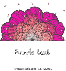 Perfect romantic card template with pink flower and heart, with a lot of place for your text. Cute flower drawn by hand in vector. Vector file organized in groups for easy editing. 