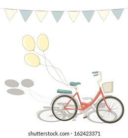 Perfect romantic design with bicycle, balloons and ribbons drawn with a lot of details. Beautiful happy birthday card made on white background.  