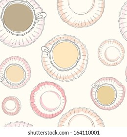 Perfect romantic seamless pattern with cups and plates. Cute light background with coffee mugs.