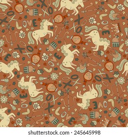 Perfect romantic seamless vector pattern with all main love elements. Valentines day background. Handdrawn doodle texture. 
