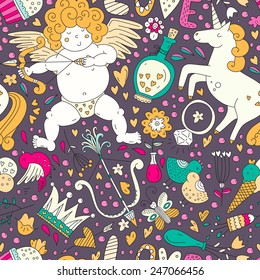 Perfect romantic seamless vector pattern with all main love elements. Valentines day background. Handdrawn doodle texture. 