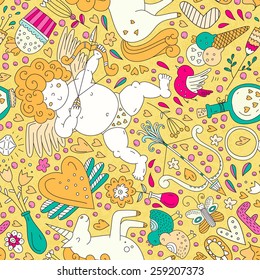 Perfect romantic seamless vector pattern with all main love elements. Valentines day background. Handdrawn doodle texture. 