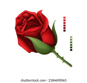 Perfect rose hand drawing and mesh colored. Ruby red with shadows gradient. A blossoming rosebud. Single vector design element illustration.