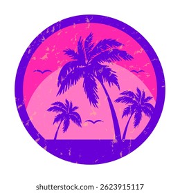 Gráfico redondo perfecto del Vector del arte del verano con la textura retro del grunge. Ideal estampado de camiseta y estampado de portada de cuaderno de verano. Fiesta de la palmera del sol del mar. Tema de verano. EPS 10