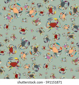 Perfect seafood texture. Seamless pattern with flock of cute cartoon crabs on color background. For cards, invitations, albums, wallpapers, backgrounds and scrapbooks.