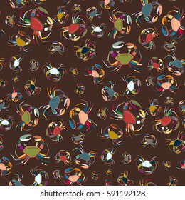 Perfect seafood texture. Seamless pattern with flock of cute cartoon crabs on color background. For cards, invitations, albums, wallpapers, backgrounds and scrapbooks.
