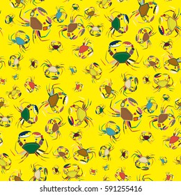 Perfect seafood texture. Seamless pattern with flock of cute cartoon crabs on color background. For cards, invitations, albums, wallpapers, backgrounds and scrapbooks.
