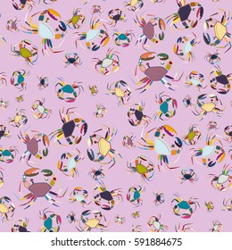 Perfect seafood texture. Seamless pattern with flock of cute cartoon crabs on color background. For cards, invitations, albums, wallpapers, backgrounds and scrapbooks.