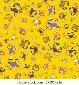 Perfect seafood texture. Seamless pattern with flock of cute cartoon crabs on color background. For cards, invitations, albums, wallpapers, backgrounds and scrapbooks.