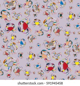 Perfect seafood texture. Seamless pattern with flock of cute cartoon crabs on color background. For cards, invitations, albums, wallpapers, backgrounds and scrapbooks.