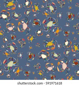 Perfect seafood texture. Seamless pattern with flock of cute cartoon crabs on color background. For cards, invitations, albums, wallpapers, backgrounds and scrapbooks.