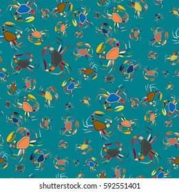 Perfect seafood texture. Seamless pattern with flock of cute cartoon crabs on color background. For cards, invitations, albums, wallpapers, backgrounds and scrapbooks.