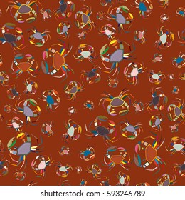Perfect seafood texture. Seamless pattern with flock of cute cartoon crabs on color background. For cards, invitations, albums, wallpapers, backgrounds and scrapbooks.