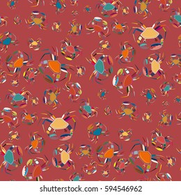 Perfect seafood texture. Seamless pattern with flock of cute cartoon crabs on color background. For cards, invitations, albums, wallpapers, backgrounds and scrapbooks.