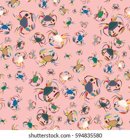 Perfect seafood texture. Seamless pattern with flock of cute cartoon crabs on color background. For cards, invitations, albums, wallpapers, backgrounds and scrapbooks.