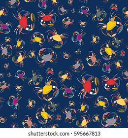 Perfect seafood texture. Seamless pattern with flock of cute cartoon crabs on color background. For cards, invitations, albums, wallpapers, backgrounds and scrapbooks.