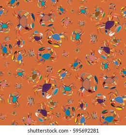 Perfect seafood texture. Seamless pattern with flock of cute cartoon crabs on color background. For cards, invitations, albums, wallpapers, backgrounds and scrapbooks.