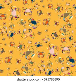 Perfect seafood texture. Seamless pattern with flock of cute cartoon crabs on color background. For cards, invitations, albums, wallpapers, backgrounds and scrapbooks.
