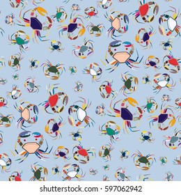Perfect seafood texture. Seamless pattern with flock of cute cartoon crabs on color background. For cards, invitations, albums, wallpapers, backgrounds and scrapbooks.