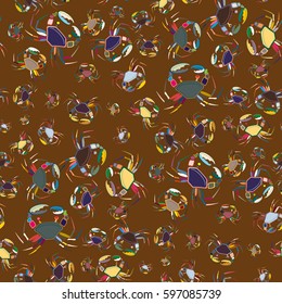 Perfect seafood texture. Seamless pattern with flock of cute cartoon crabs on color background. For cards, invitations, albums, wallpapers, backgrounds and scrapbooks.