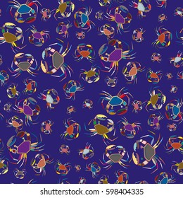 Perfect seafood texture. Seamless pattern with flock of cute cartoon crabs on color background. For cards, invitations, albums, wallpapers, backgrounds and scrapbooks.