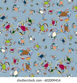 Perfect seafood texture. Seamless pattern with flock of cute cartoon crabs on color background. For cards, invitations, albums, wallpapers, backgrounds and scrapbooks.