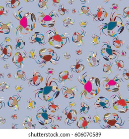 Perfect seafood texture. Seamless pattern with flock of cute cartoon crabs on color background. For cards, invitations, albums, wallpapers, backgrounds and scrapbooks.