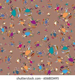 Perfect seafood texture. Seamless pattern with flock of cute cartoon crabs on color background. For cards, invitations, albums, wallpapers, backgrounds and scrapbooks.