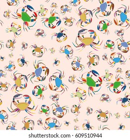 Perfect seafood texture. Seamless pattern with flock of cute cartoon crabs on color background. For cards, invitations, albums, wallpapers, backgrounds and scrapbooks.