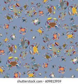 Perfect seafood texture. Seamless pattern with flock of cute cartoon crabs on color background. For cards, invitations, albums, wallpapers, backgrounds and scrapbooks.