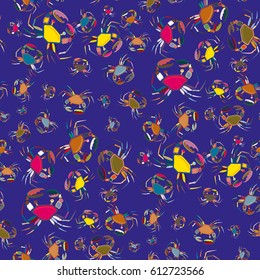 Perfect seafood texture. Seamless pattern with flock of cute cartoon crabs on color background. For cards, invitations, albums, wallpapers, backgrounds and scrapbooks.