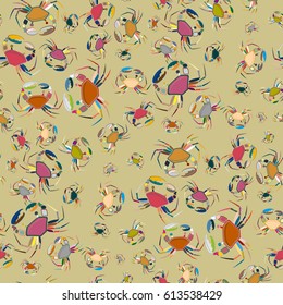 Perfect seafood texture. Seamless pattern with flock of cute cartoon crabs on color background. For cards, invitations, albums, wallpapers, backgrounds and scrapbooks.