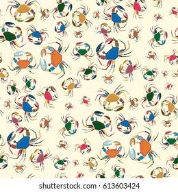 Perfect seafood texture. Seamless pattern with flock of cute cartoon crabs on color background. For cards, invitations, albums, wallpapers, backgrounds and scrapbooks.