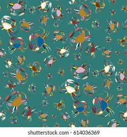 Perfect seafood texture. Seamless pattern with flock of cute cartoon crabs on color background. For cards, invitations, albums, wallpapers, backgrounds and scrapbooks.