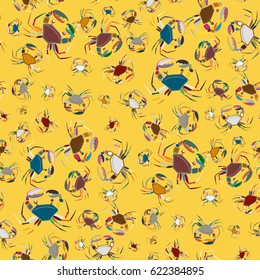 Perfect seafood texture. Seamless pattern with flock of cute cartoon crabs on color background. For cards, invitations, albums, wallpapers, backgrounds and scrapbooks.